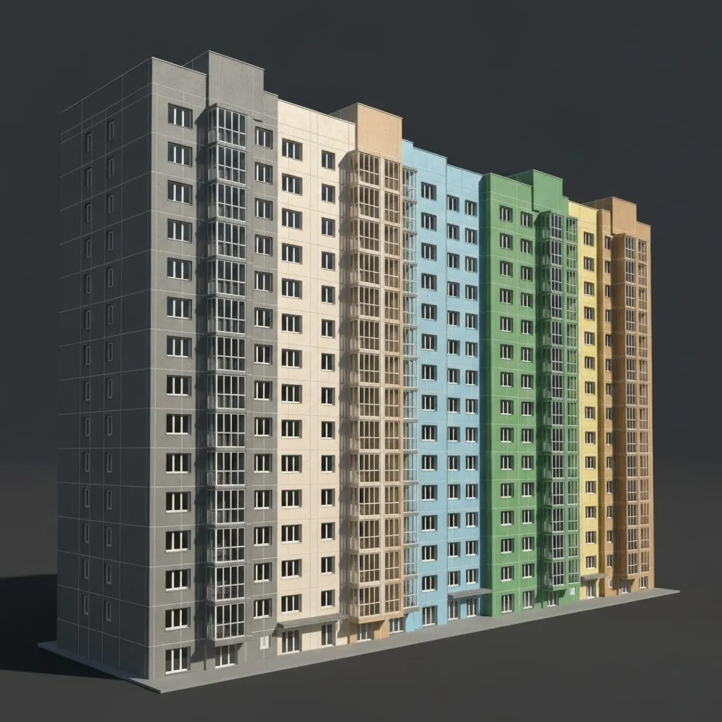 Simulação 3D de fachada predial com estudo cromático e envelhecimento